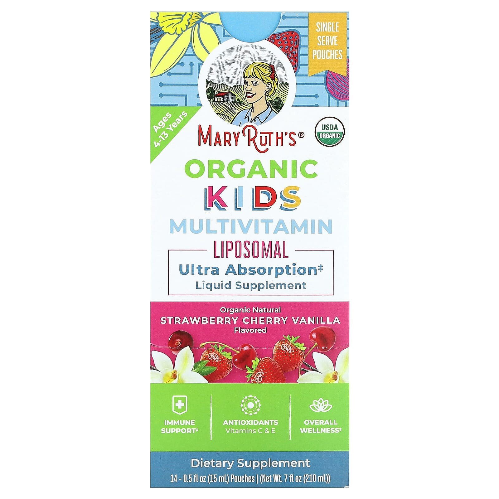 Organic Kids Multivitamin Liposomal, Ages 4-13 Years, Strawberry, Cherry, Vanilla, 14 Pouches, 0.5 fl oz (15 ml) Each