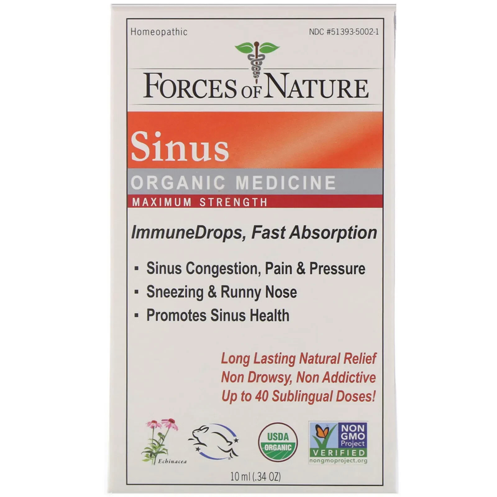 Forces of Nature, Sinus, Organic Medicine, ImmuneDrops, Maximum Strength, .34 oz (10 ml) (Товар снят с продажи) 