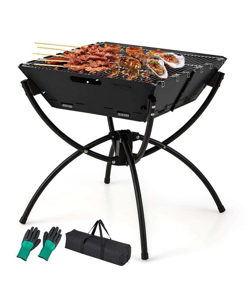 Costway 3-in-1 Portable Charcoal Grill Folding Camping Fire Pit with Carrying Bag & Gloves