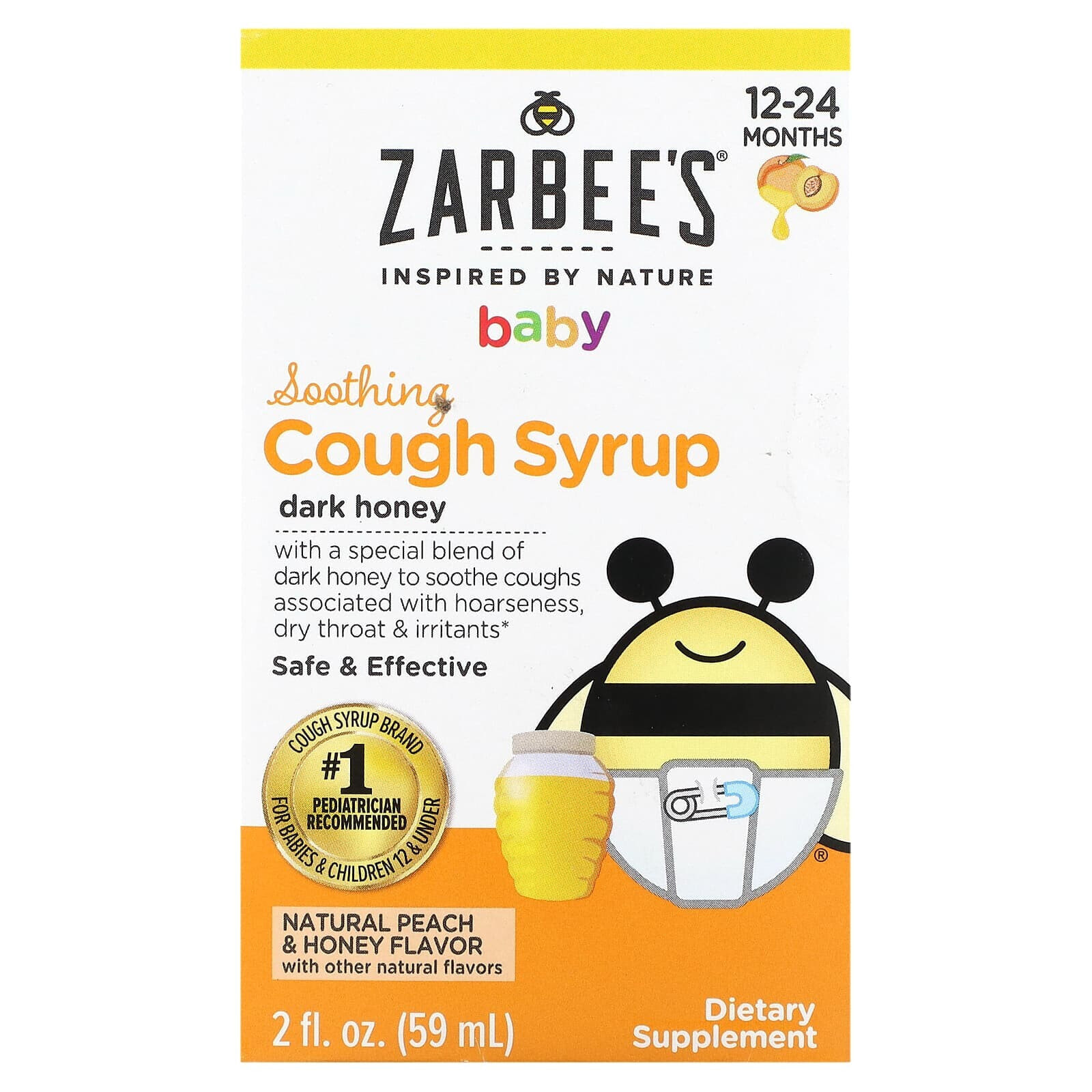 Зарбис, Naturals, детский успокаивающий сироп от кашля, для детей от 12 до 24 месяцев, натуральный персик и мед, 59 мл (2 жидк. Унции)