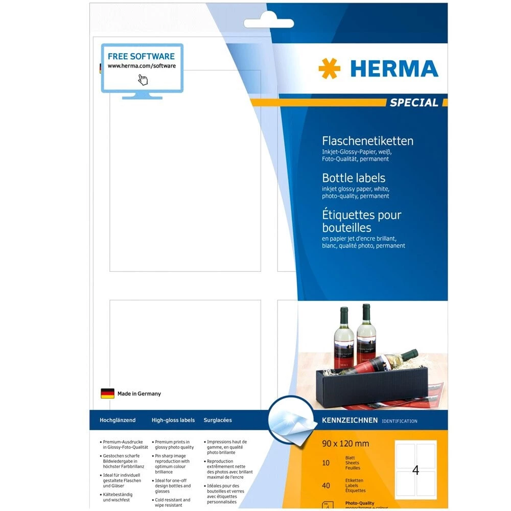 HERMA Bottle Label inkjet 10 Sheets 90x120 sticker 40 pieces