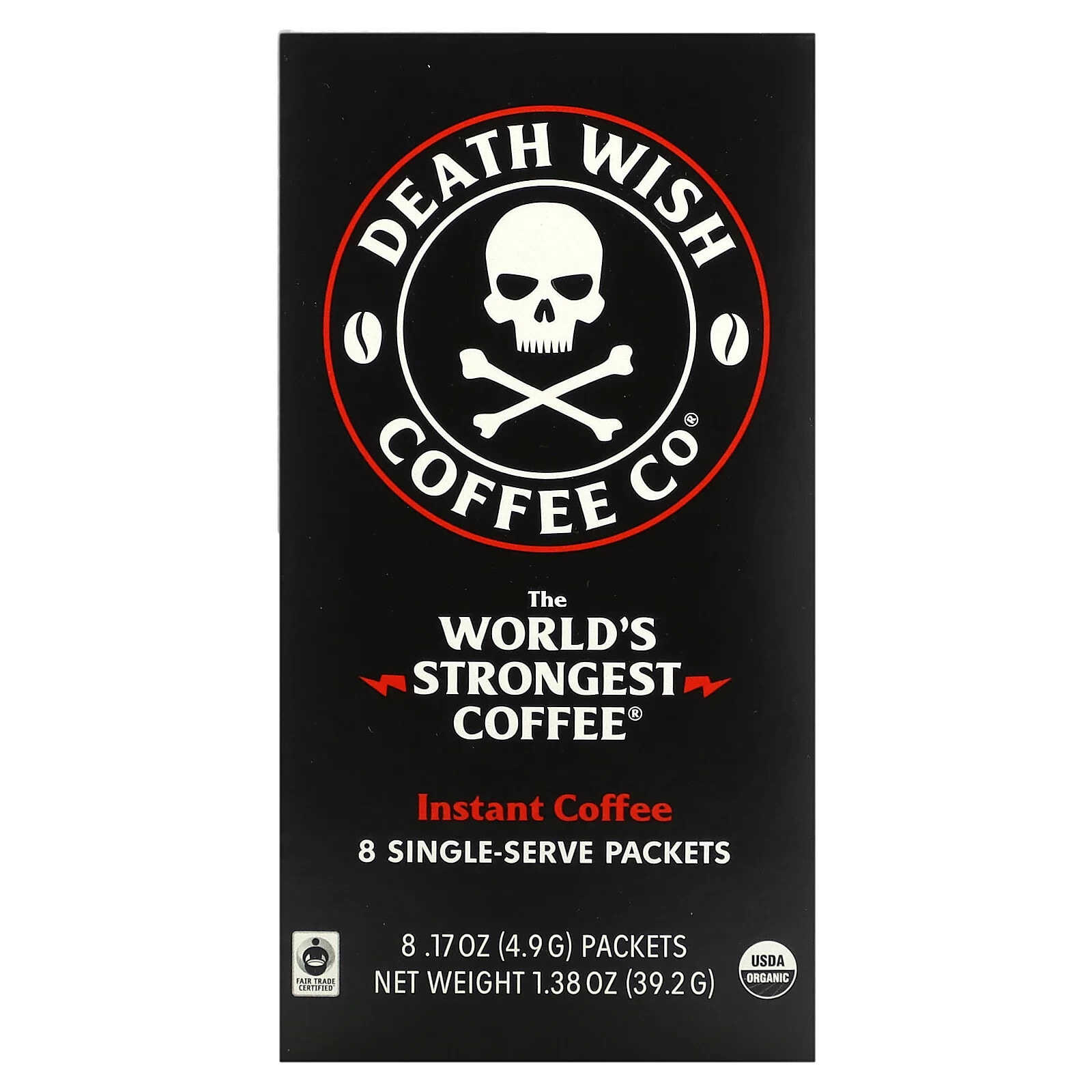 Death Wish Coffee, The World's Strongest Coffee, Instant Coffee, Dark Roast, 8 Single-Serve Packets, 17 oz (4.9 g) Each