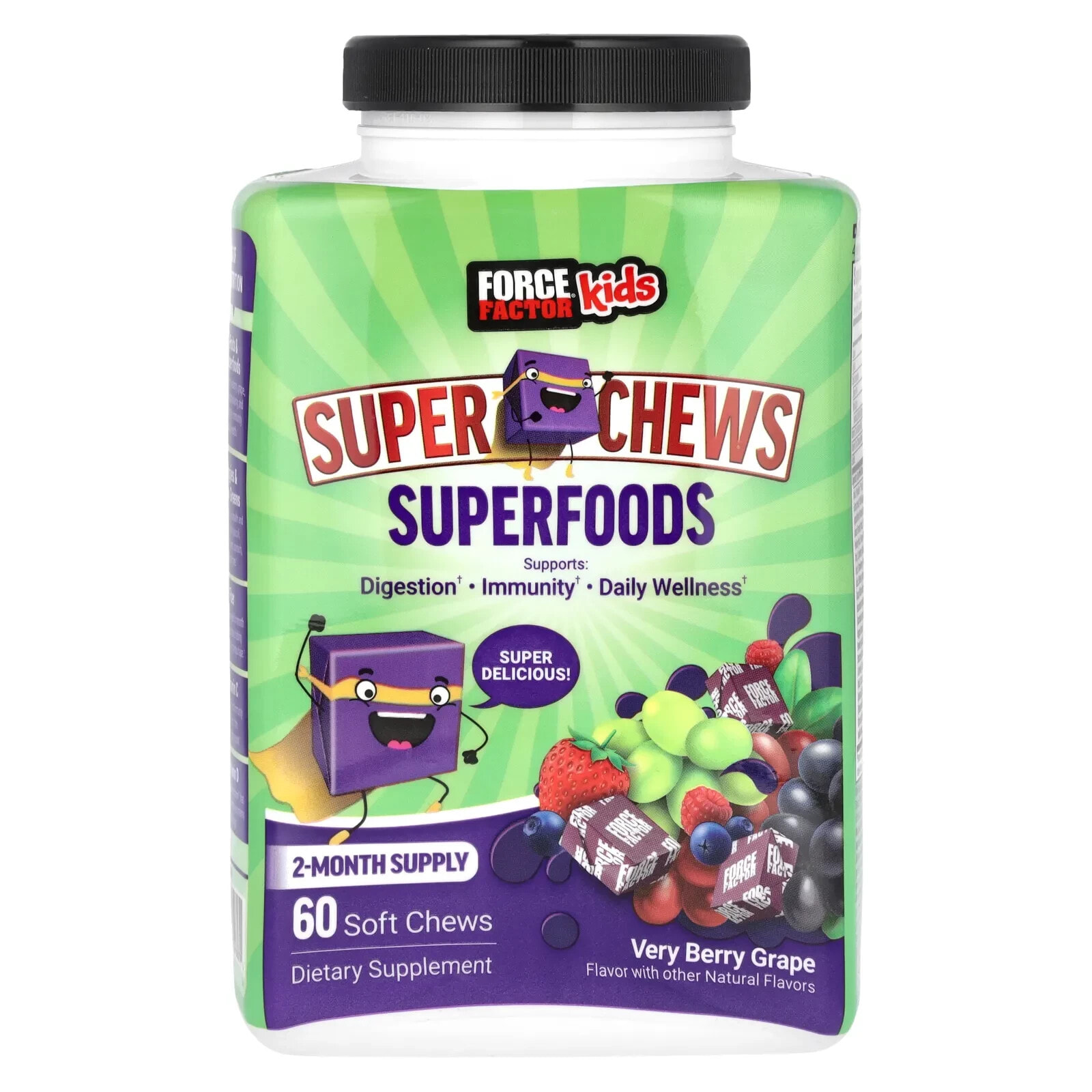 Kids, Super Chews Superfoods, Very Berry Grape, 60 Soft Chews