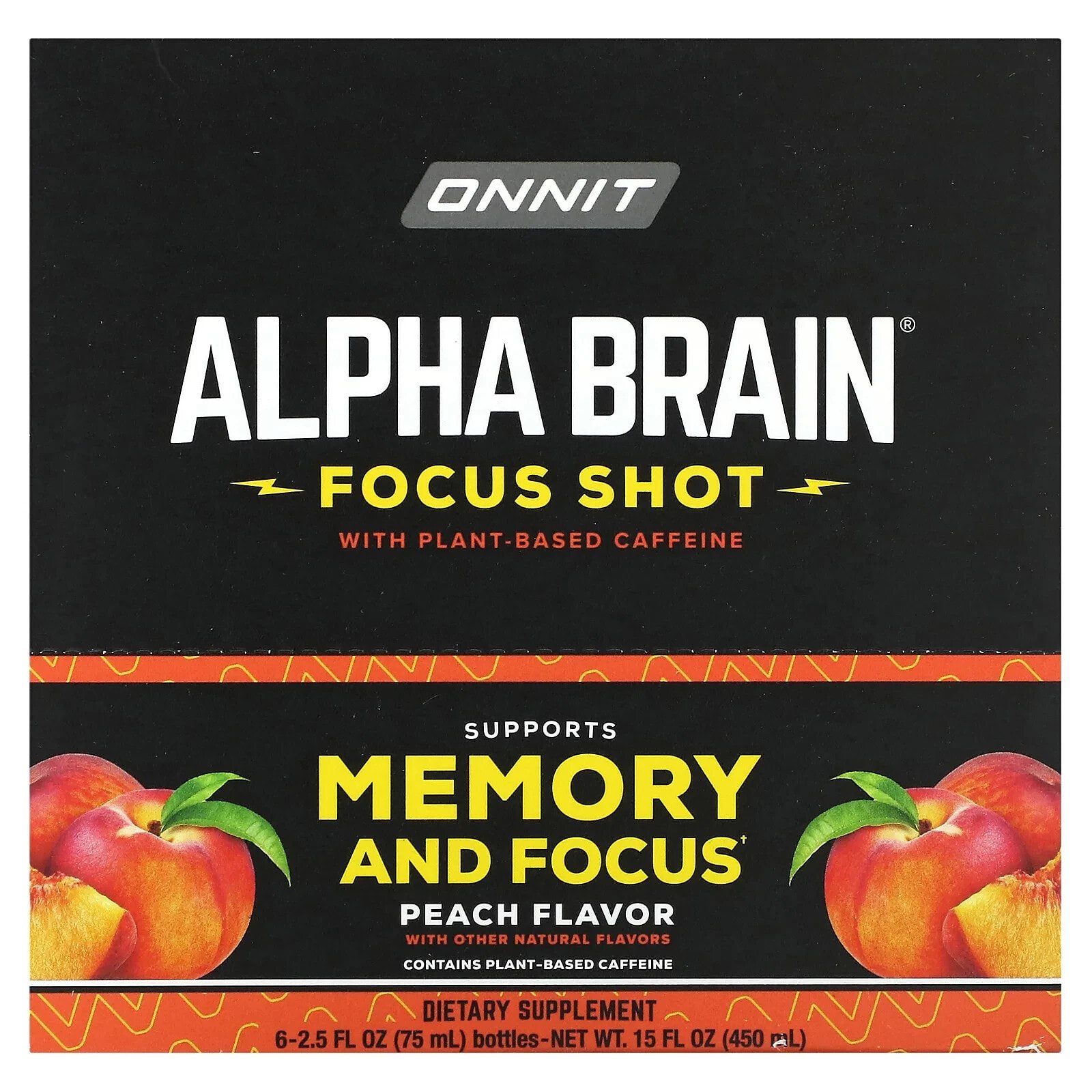 Alpha Brain Focus Shot, Peach, 6 Bottles, 2.5 fl oz (75 ml) Each