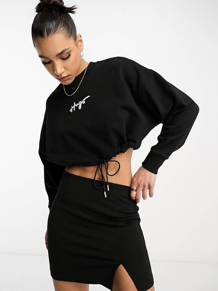 HUGO – Delive – Kurz geschnittenes Sweatshirt in Schwarz mit Kordelzug