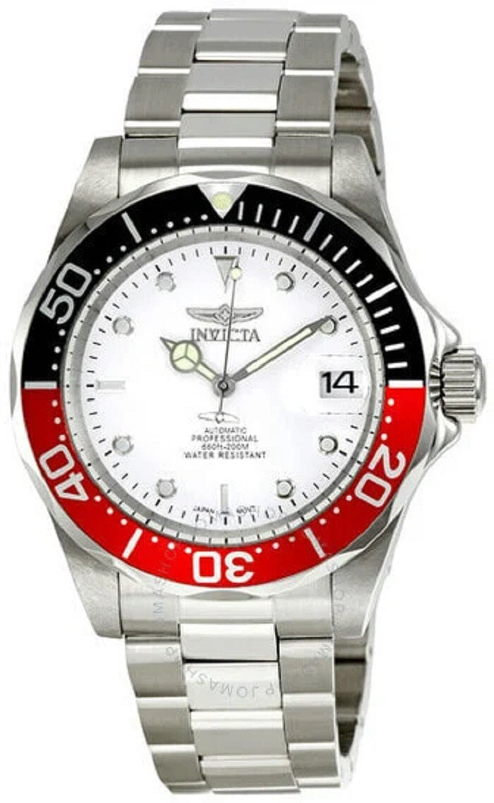 Мужские наручные часы с серебряным браслетом Invicta Pro Diver Automatic White Dial Coke Bezel Mens Watch 9404