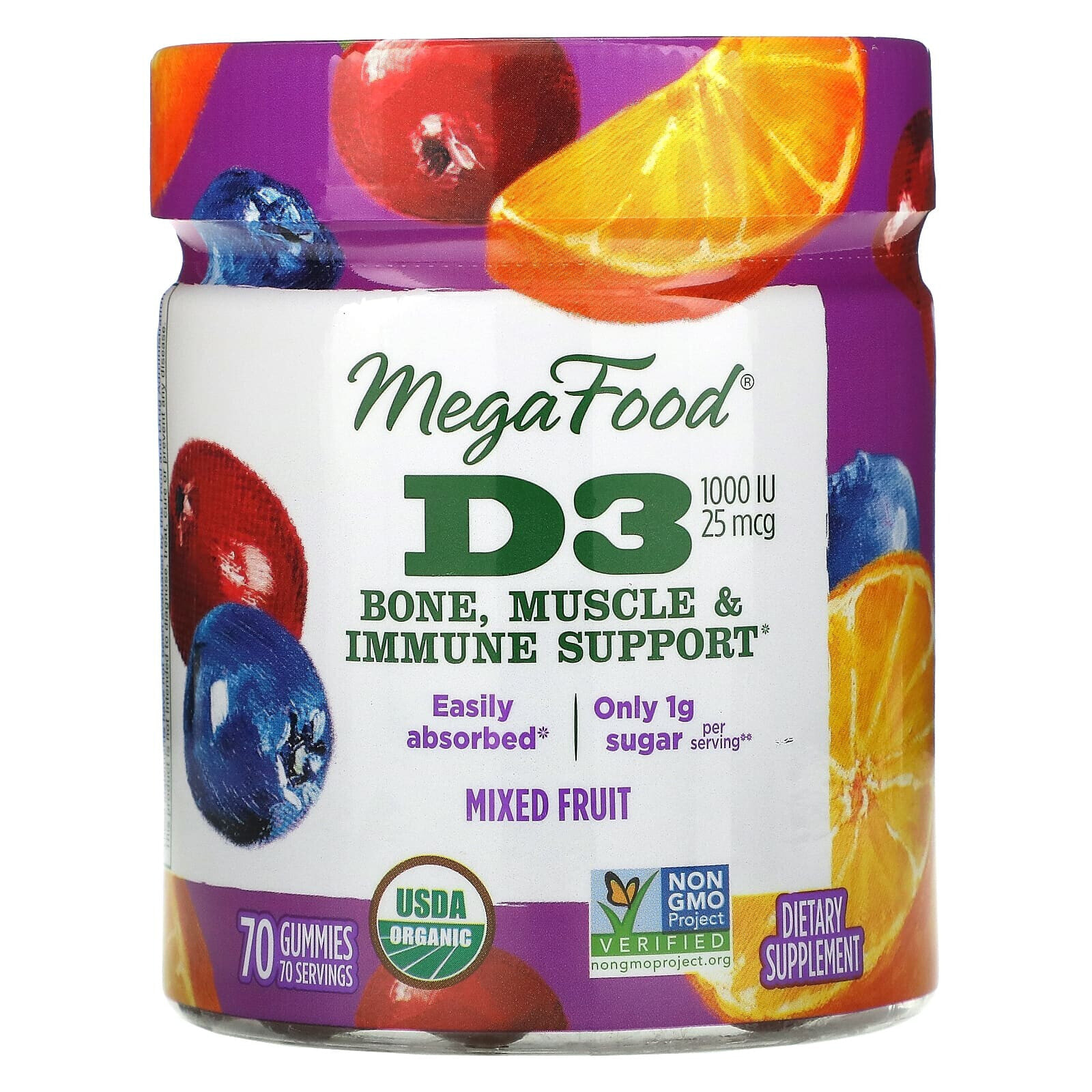 Мегафудс, Смесь фруктов с витамином D3, 1000 МЕ (25 мкг), 70 жевательных таблеток
