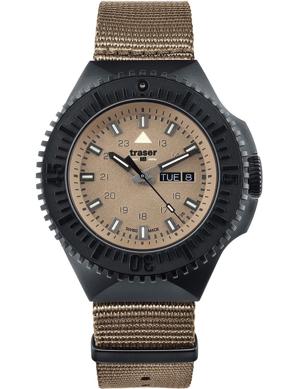 Мужские наручные часы с зеленым текстильным ремешком Traser H3 109860 P69 Black-Stealth Sand 46mm 20ATM