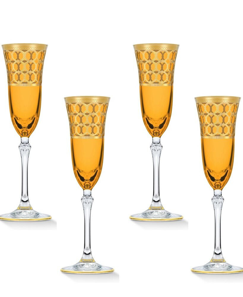Lorren Home Trends amber Color Champagne Flutes with Gold-Tone Rings, Set of 4