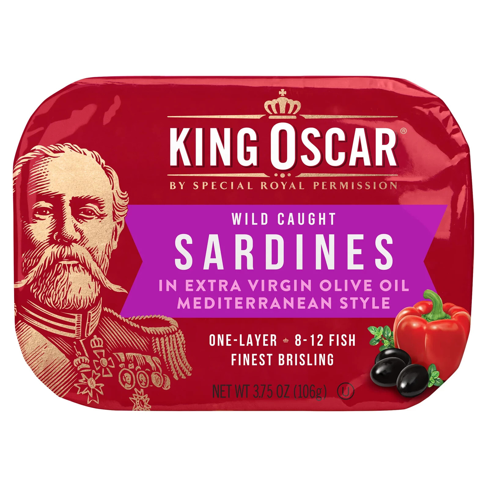 Кинг Оскар, Wild Caught, сардины в средиземноморском стиле, 106 г (3,75 унции)