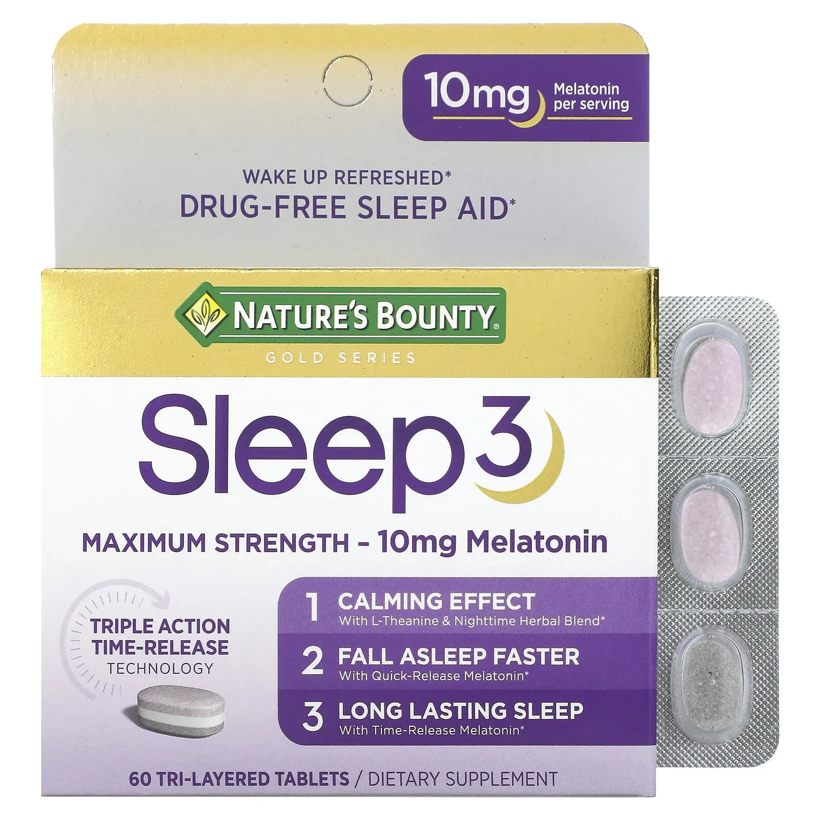 Nature's Bounty, Sleep 3, Maximum Strength, Drug-Free Sleep Aid, 30 Tri-Layered Tablets