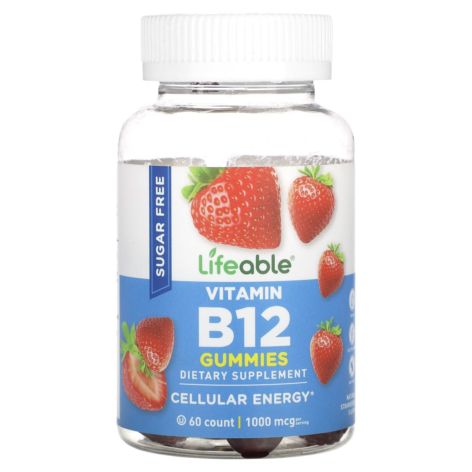 Lifeable, Vitamin B12 Gummies, Sugar Free, Natural Strawberry, 500 mcg, 60 Gummies