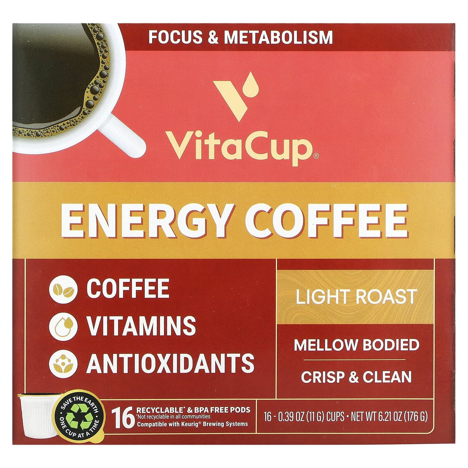 Energy Coffee, Light Roast, 16 Cups, 0.39 oz (11 g) Each