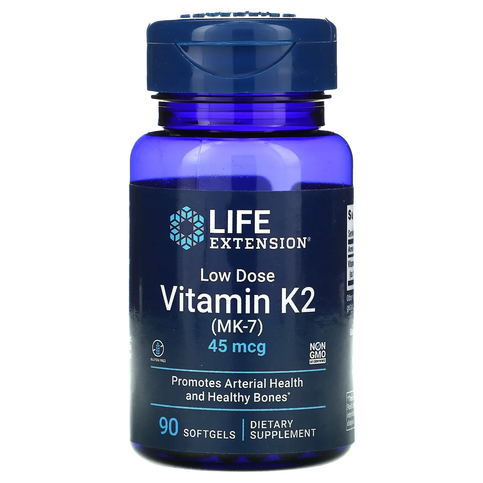 Лайф Экстэншн, небольшая доза витамина К2 (МК-7), 45 мкг, 90 мягких желатиновых капсул