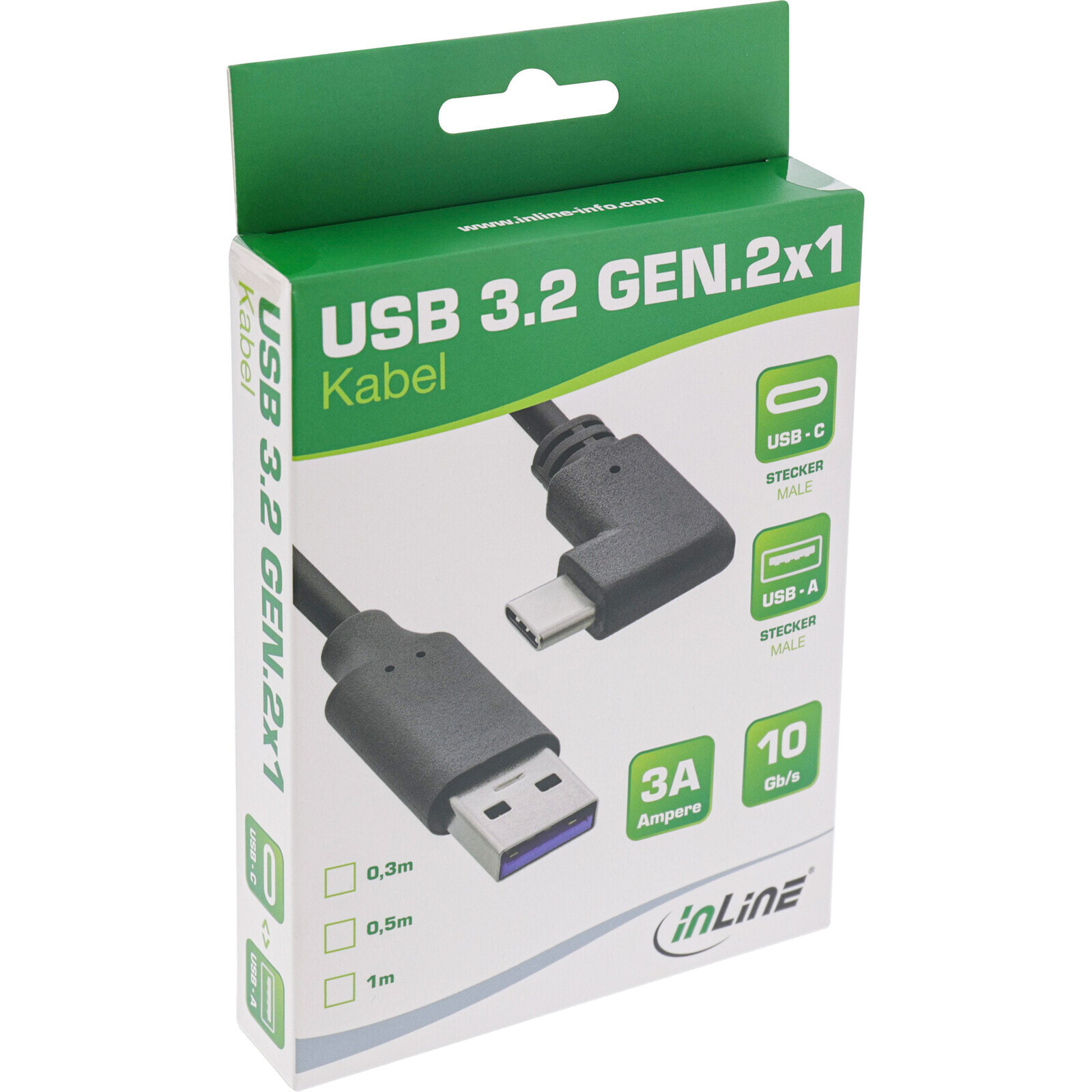 USB 3.2 cable - USB Type-C plug angled to A plug - black - 0.3m - 0.3 m - USB C - USB A - USB 3.2 Gen 2 (3.1 Gen 2) - 10000 Mbit/s - Black