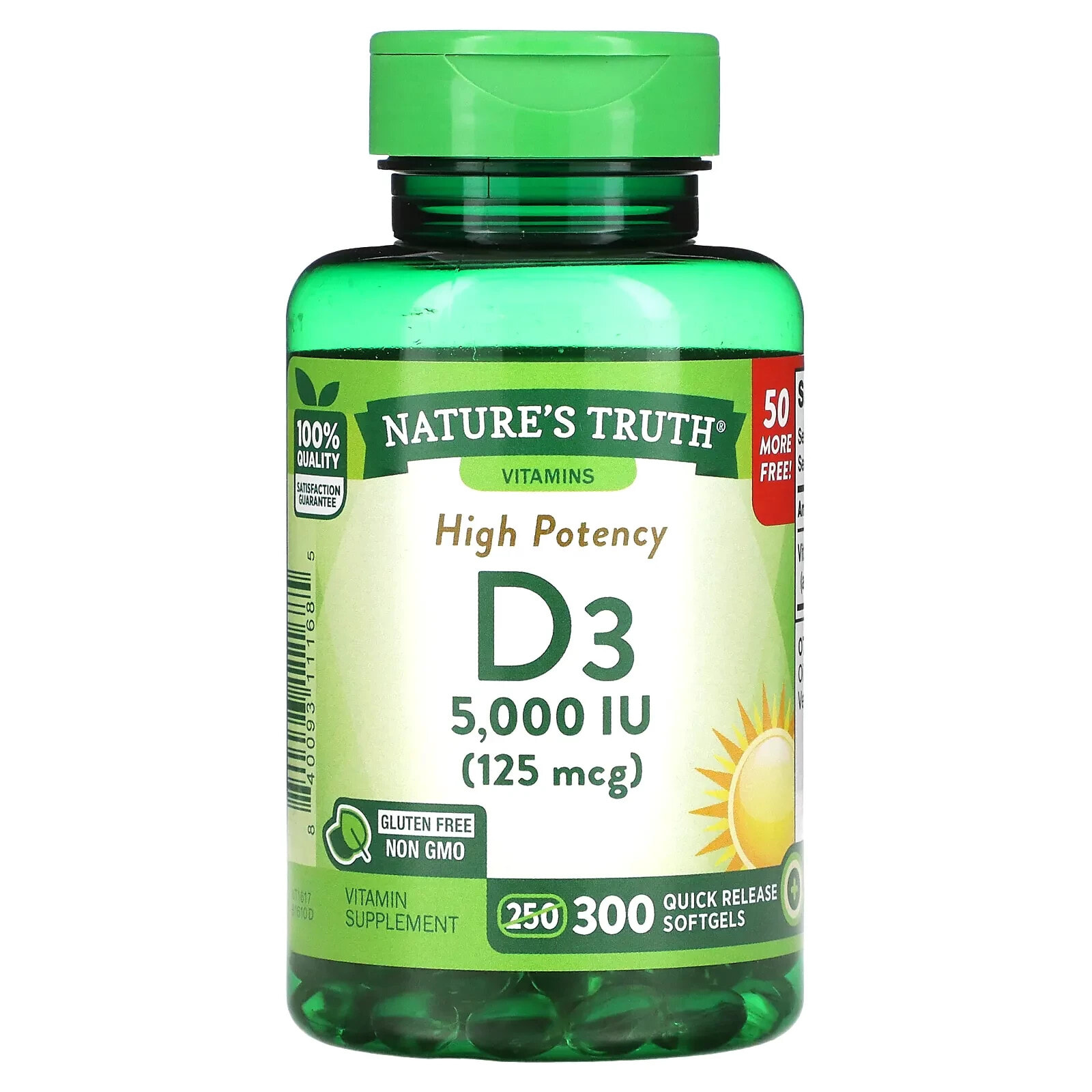 Nature's Truth, Высокоэффективный витамин D3, 25 мкг (1000 МЕ), 250 мягких таблеток быстрого высвобождения