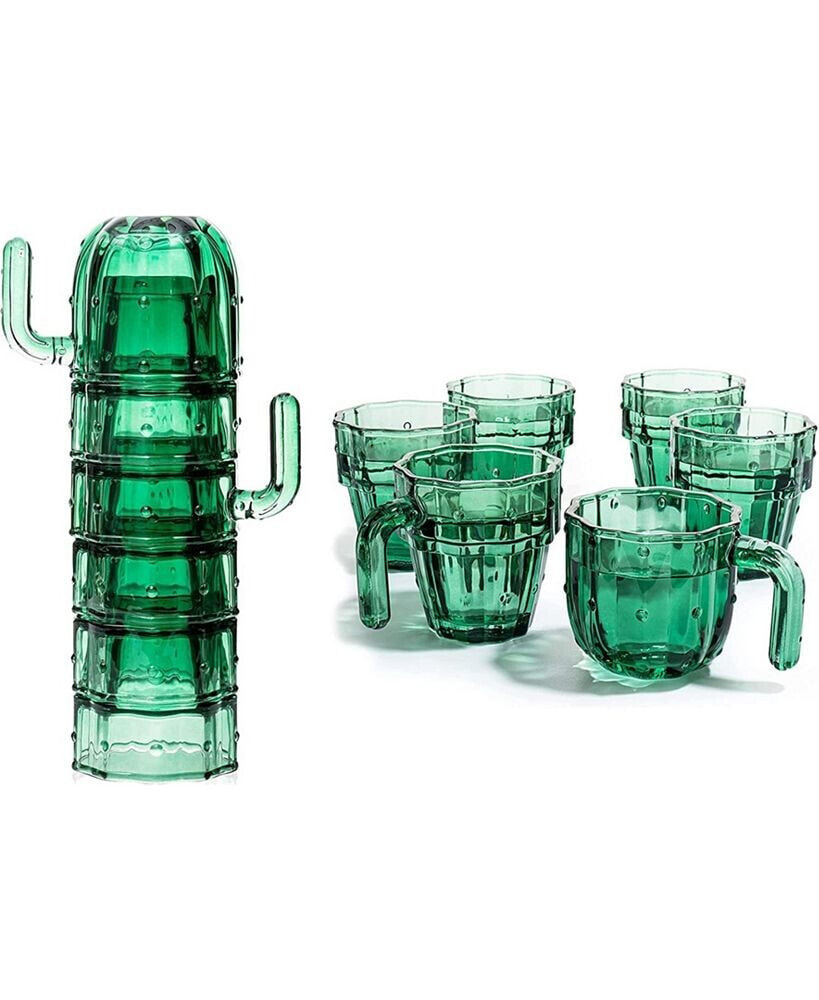 The Wine Savant glass Cactus Stackable Glasses, 10 oz Cactus Shape Glasses with Handles Glass Blown, Set of 6
