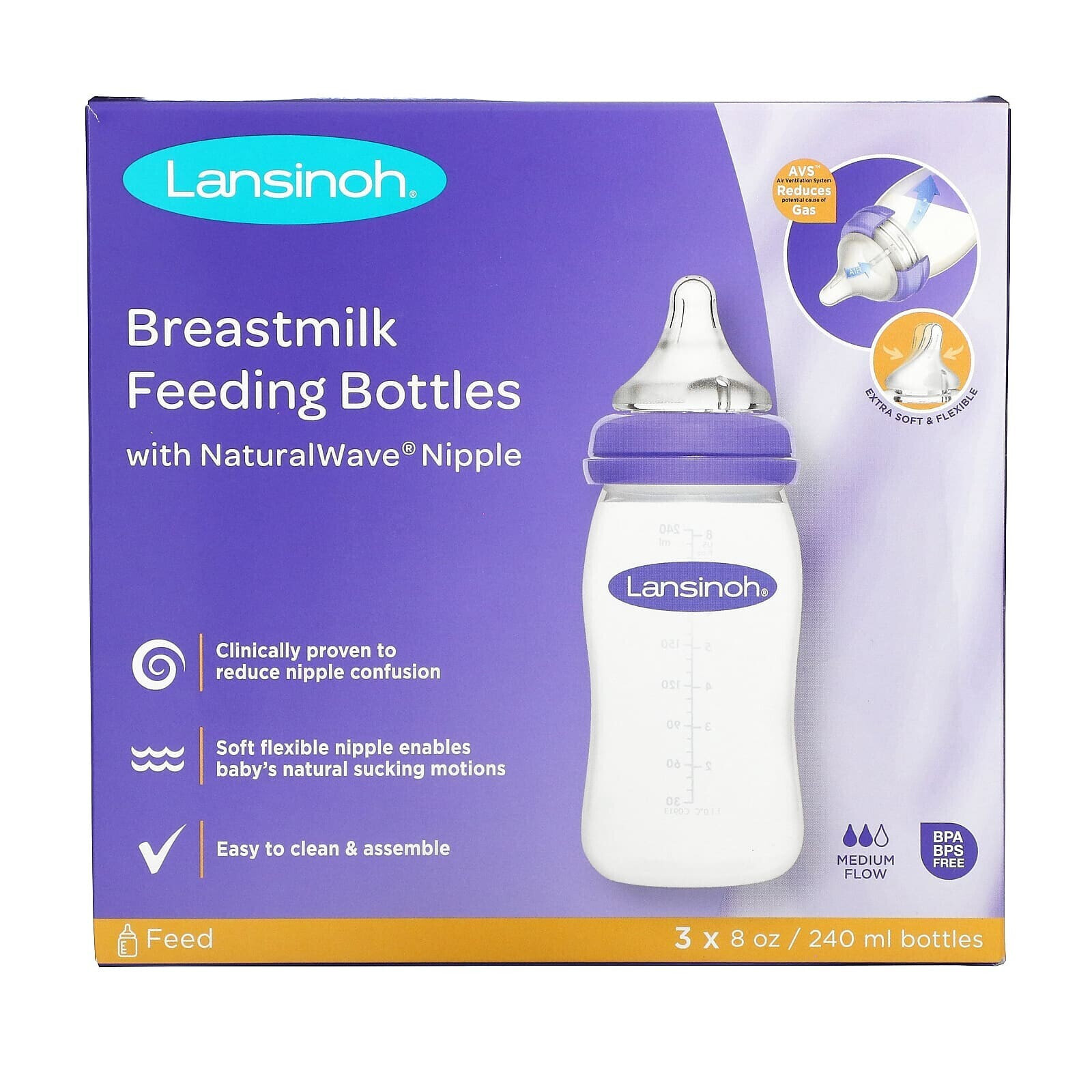 Lansinoh, NaturalWave, бутылочки для кормления грудным молоком с соской, средний поток, 3 бутылочки по 240 мл (8 унций)