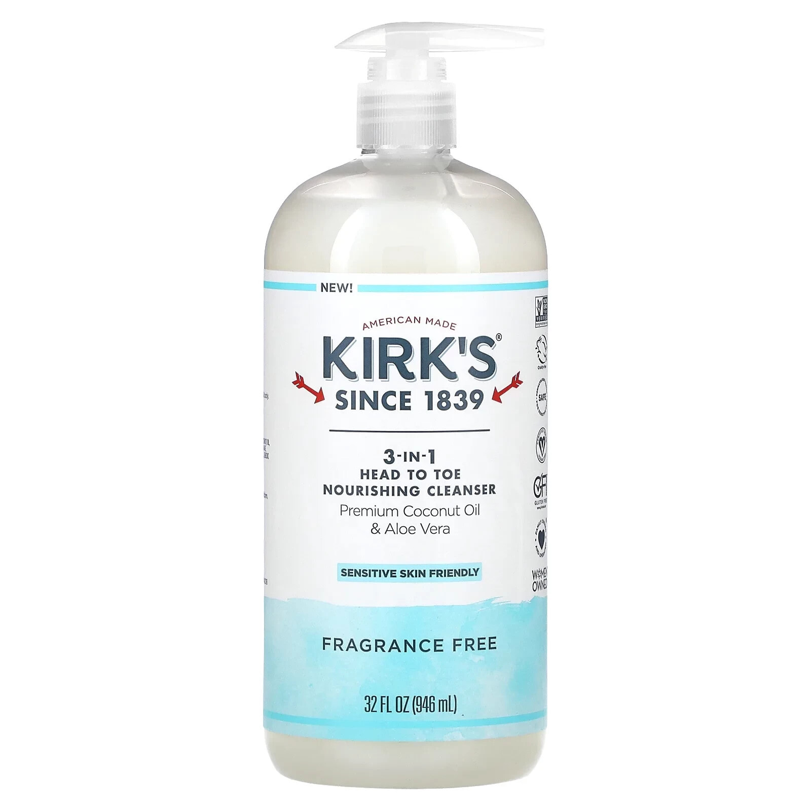 Kirks, 3-in-1 Head to Toe Nourishing Cleanser, Fragrance Free, 32 fl oz (946 ml)