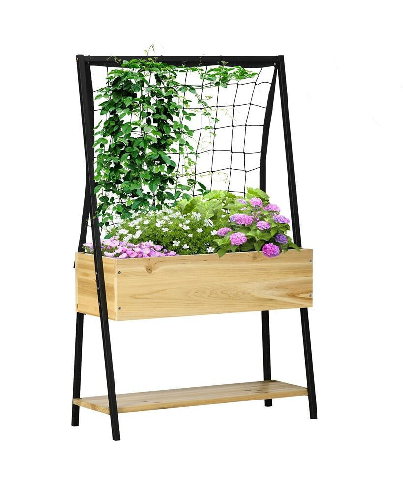 Outsunny raised Garden Bed with Climbing Grid Trellis & Storage Shelf, Elevated Planter Box for Vegetable Vines, Climbing Plants, Natural
