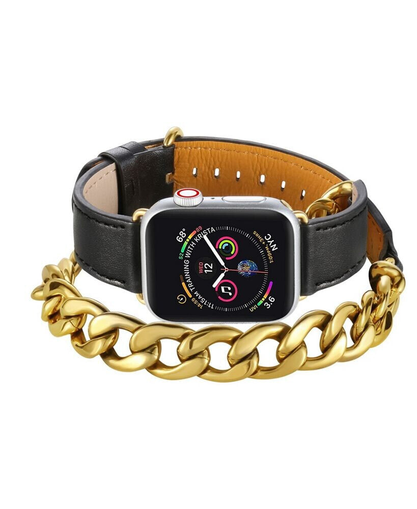 Posh Tech men's and Women's Apple Black Double Wrap with Chain Leather Replacement Band 40mm