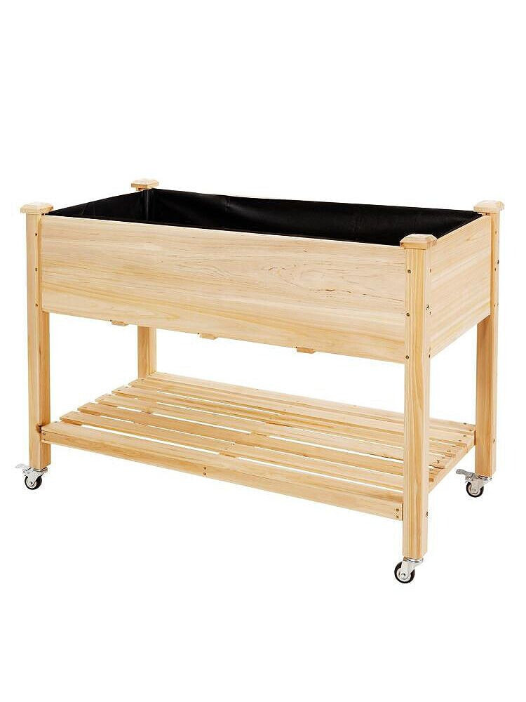 Slickblue wood Elevated Planter Bed with Lockable Wheels Shelf and Liner