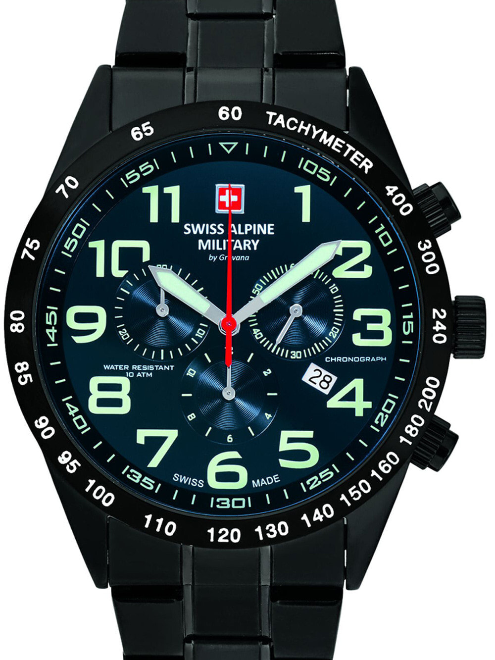 Мужские наручные часы с черным браслетом Swiss Alpine Military 7047.9175 chrono 43mm 10ATM