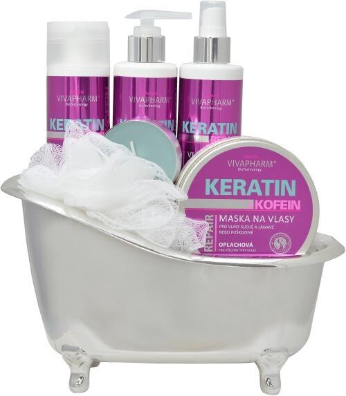 Vivapharm Keratin Gift Box Набор: Кератиновый шампунь 200 мл + Кератиновый бальзам 200 мл + Кератиновая вода для волос 200 мл + Восстанавливающая кератиновая маска для волос 200 мл + Массажная губка  1 шт