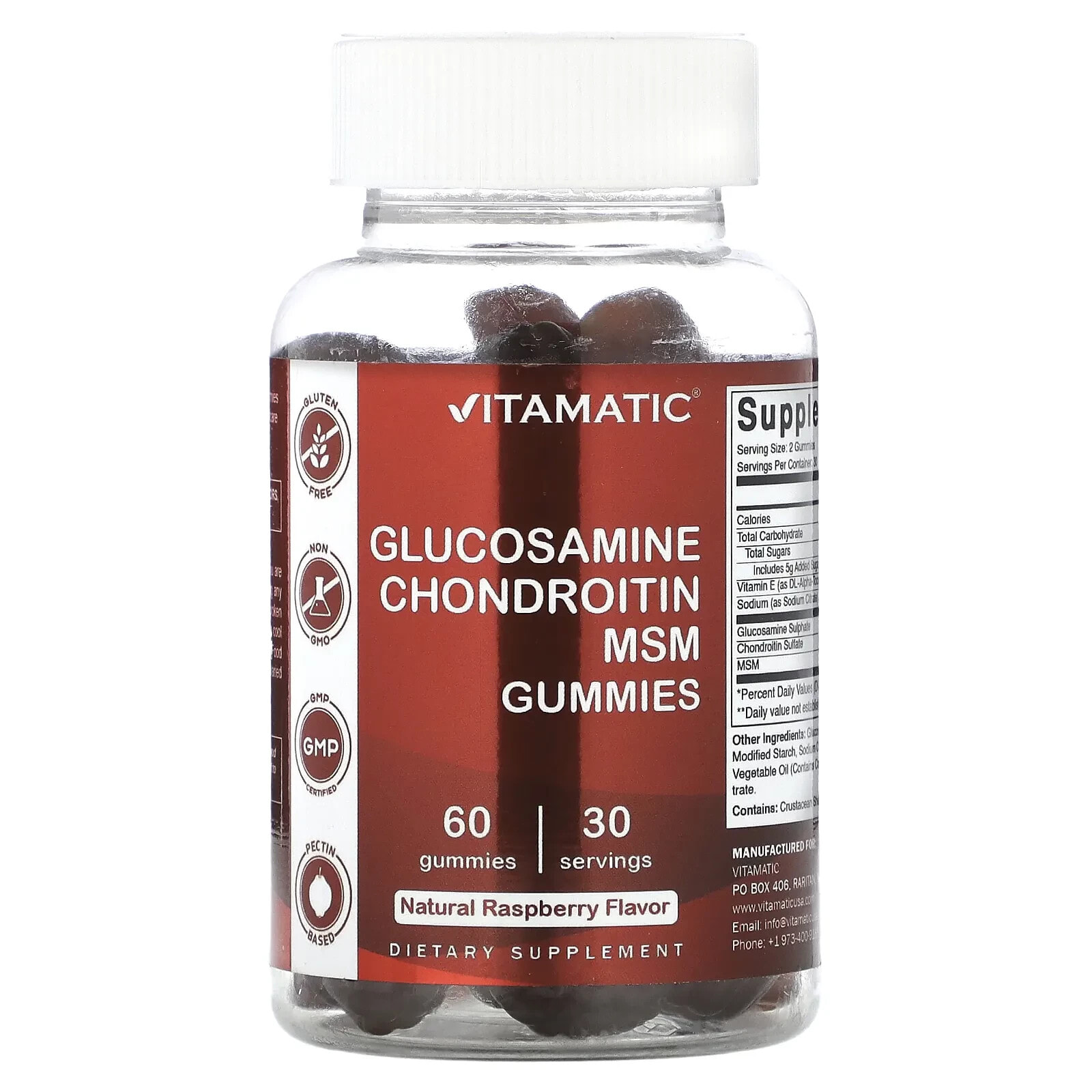 Vitamatic, Glucosamine Chondroitin MSM Gummies, Natural Raspberry, 60 Gummies