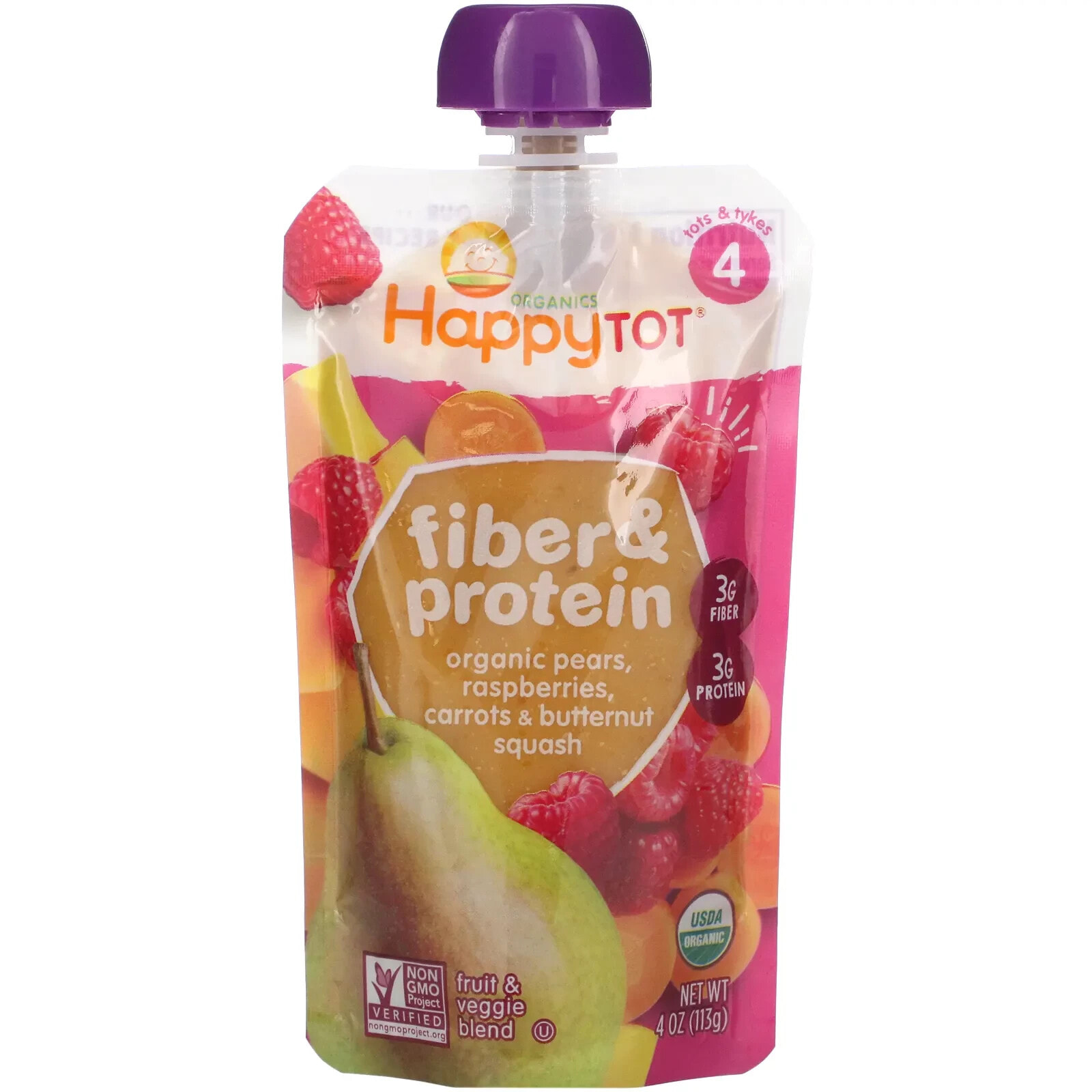 Happy Tot, Fiber & Protein, Stage 4, Organic Pears, Peaches, Pumpkin, Apples & Cinnamon, 4 oz (113 g)