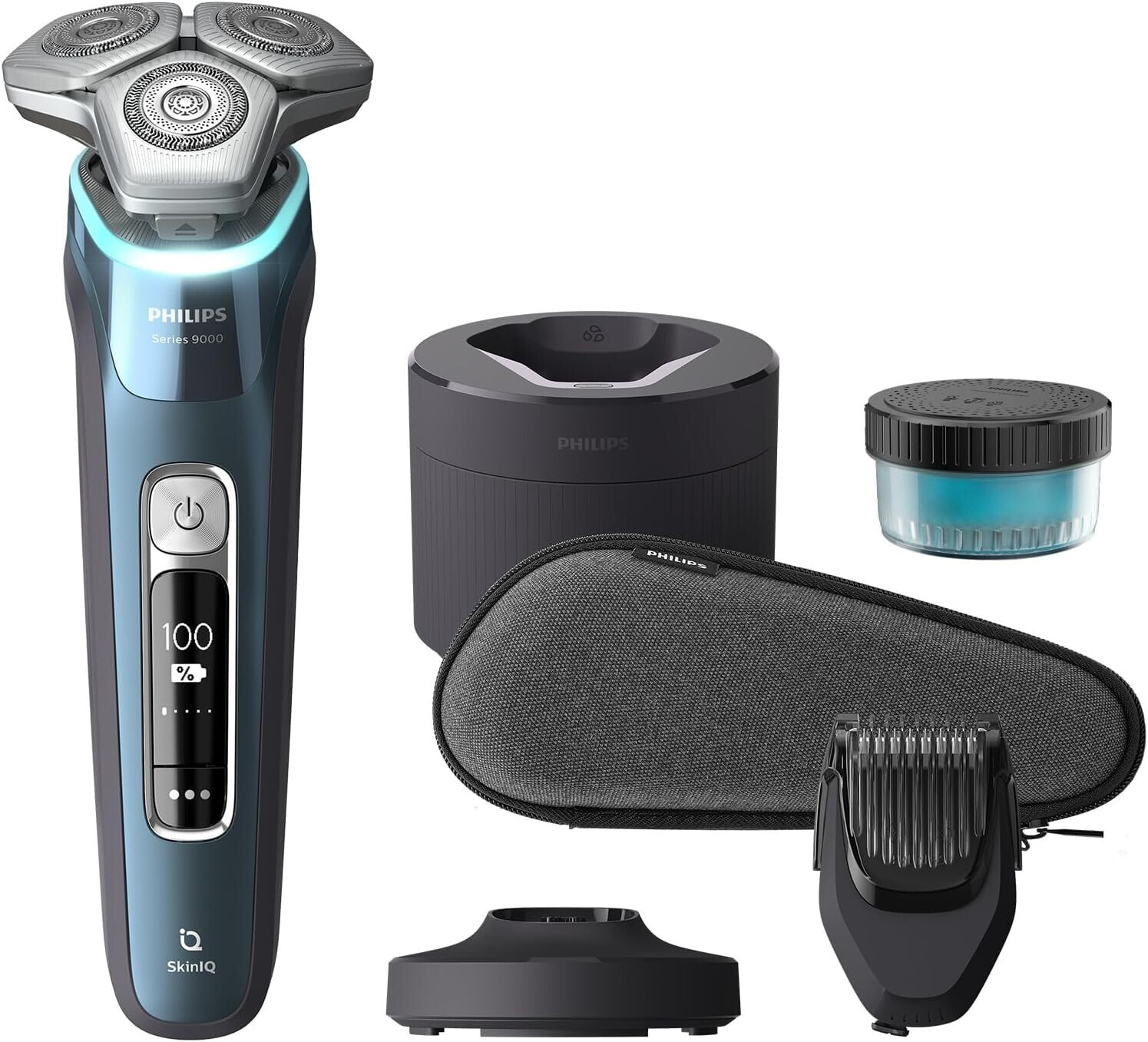 Philips Shaver S9000 – Elektrischer Nass-& Trockenrasierer für Männer, Dunkelchrom, Lift & Cut System, SkinIQ Technologie, Barttrimmer, Reinigungsstation, Ladestation & Reiseetui (Modell S9974/55)