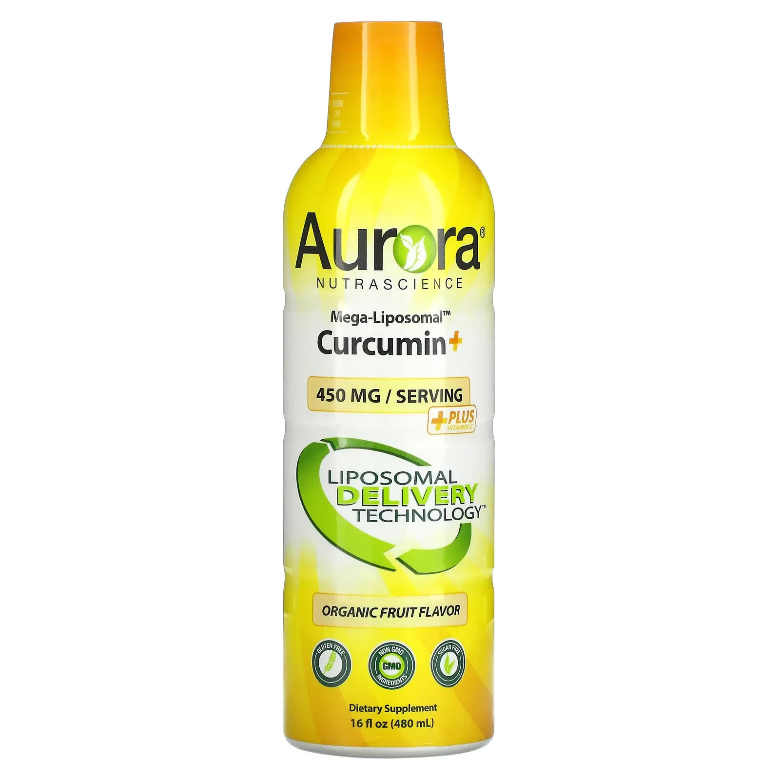 Аурора Нутрасаенс, Mega-Liposomal Curcumin+, мега липосомальный куркумин, со вкусом органических фруктов, 600 мг, 480 мл (16 жидк. унций)