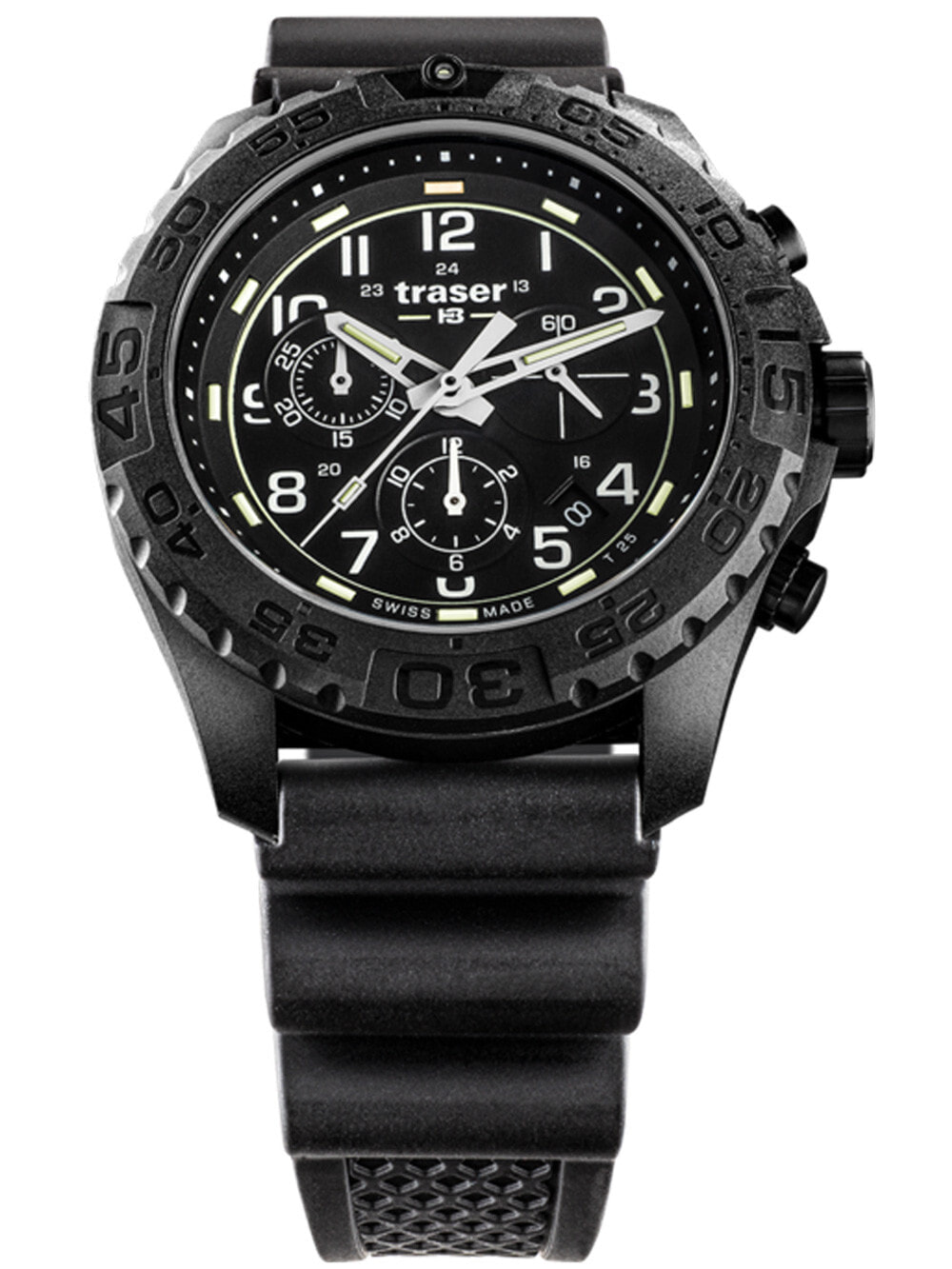 Мужские наручные часы с черным силиконовым ремешком Traser H3 108679 P96 OdP Evolution black Chronograph 44mm 20ATM