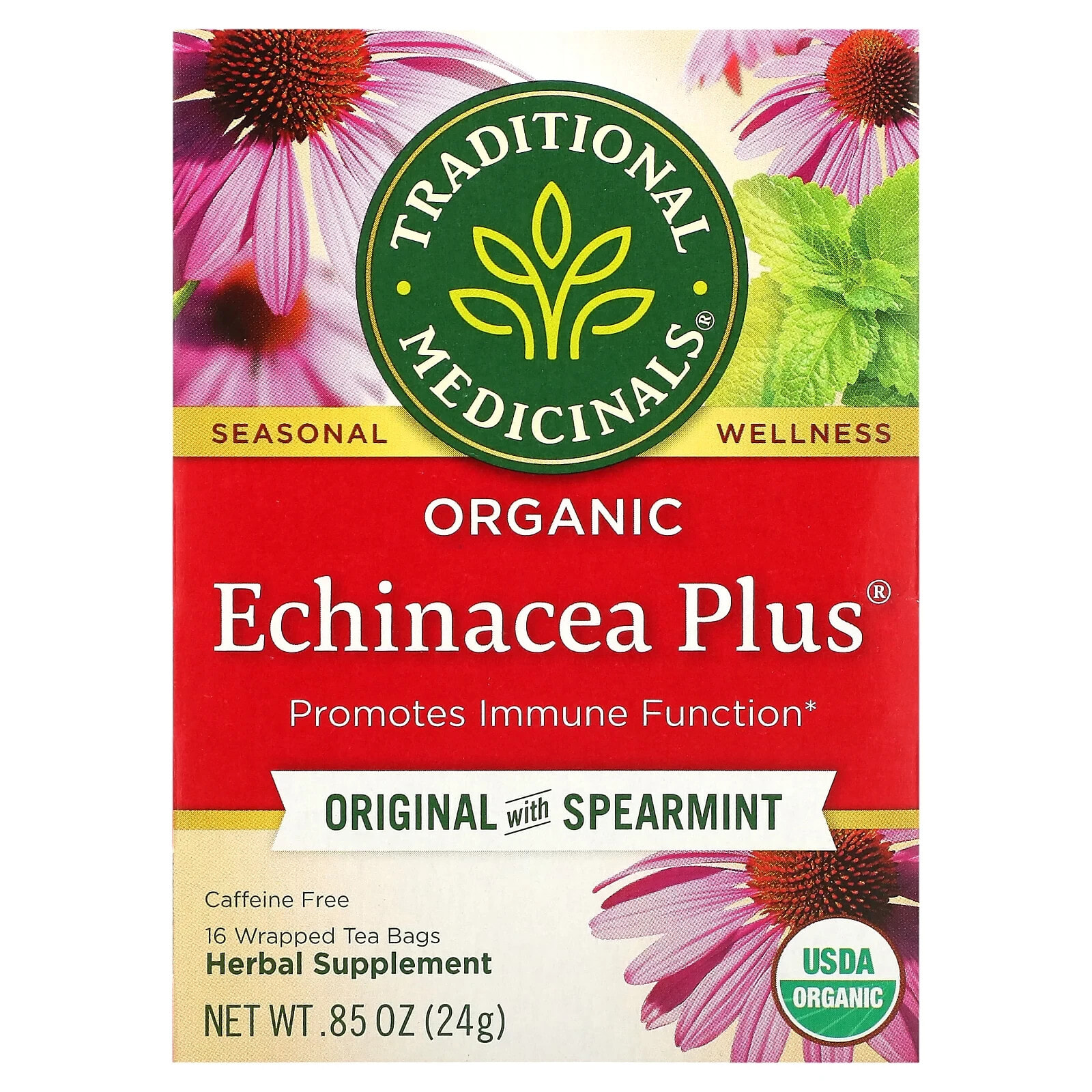 Traditional Medicinals, Organic Echinacea Plus, бузина, без кофеина, 16 чайных пакетиков в упаковке, 24 г (0,85 унции)
