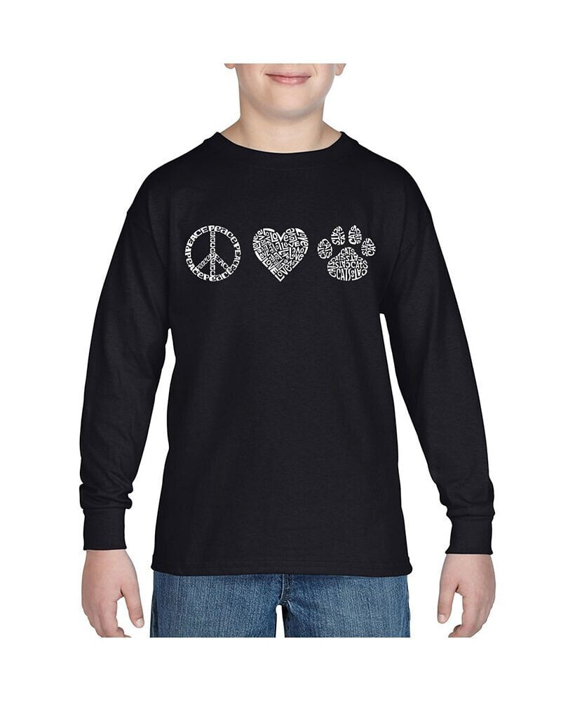 LA Pop Art big Boy's Word Art Long Sleeve T-shirt - Peace Love Cats