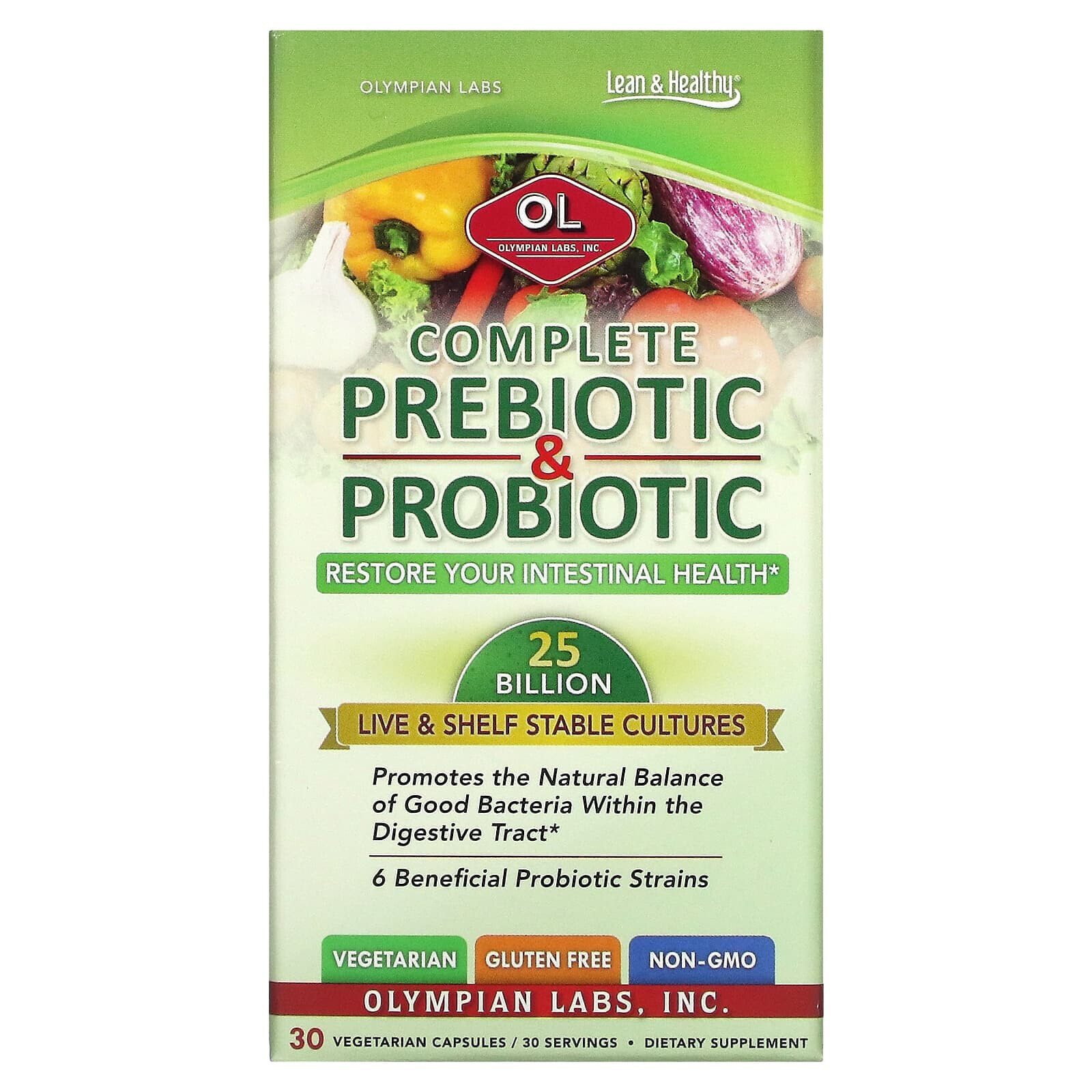 Олимпиан Лабс Инк, Полный комплекс пребиотиков и пробиотиков, 30 растительных капсул