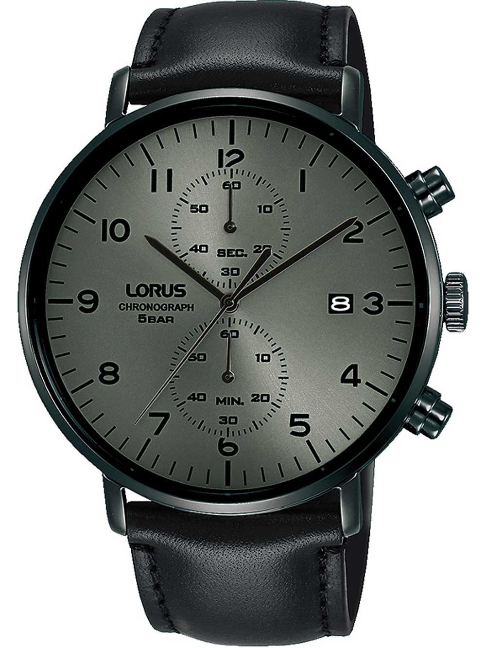 Мужские наручные часы с черным кожаным ремешком  Lorus RW405AX9 chronograph 43mm 5ATM