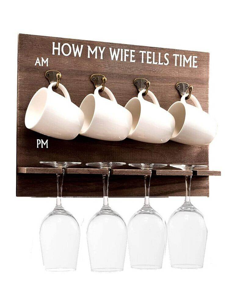 Bezrat how My Wife Tells Time Wall Mounted Wine Rack with Wine Glasses and Coffee Mugs, Set of 9