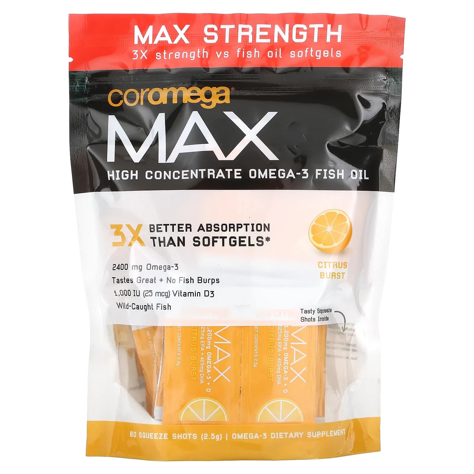 Коромега, Max High Concentrate Omega-3 Fish Oil, Coconut Bliss, 90 выжимок, 2,5 г каждый