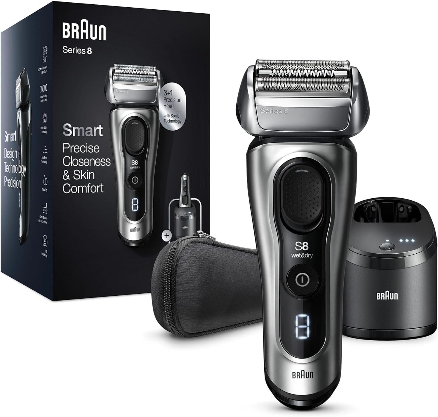Braun Series 8 Men's Razor with 4+1 Shaving Head, Electric Shaver, Precision Long Hair Trimmer, Charging Station, 60 Minutes Running Time, Wet & Dry, Valentine's Day Gift for Him, 8517s, Silver