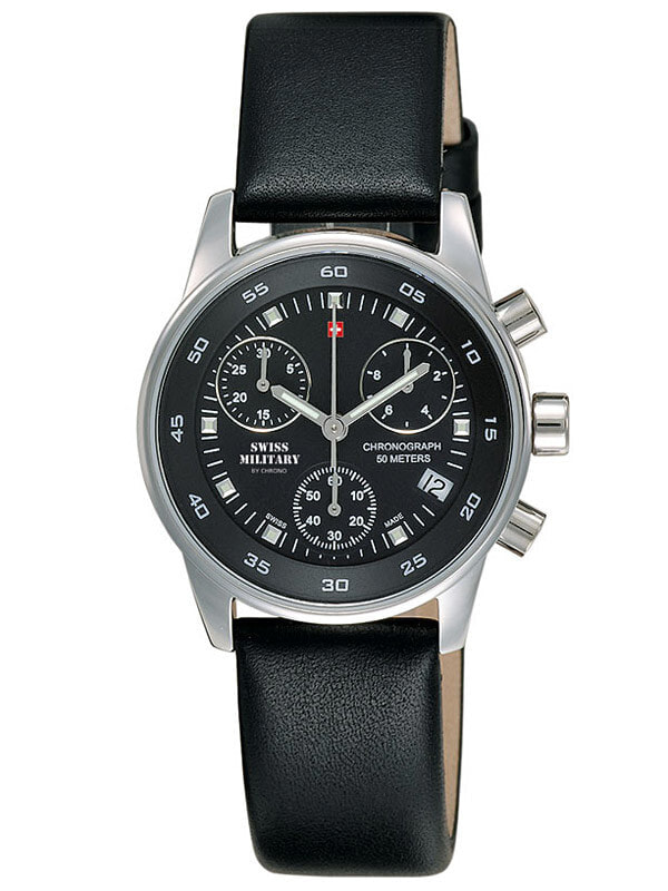 Мужские наручные часы с черным кожаным ремешком Swiss Military SM34013.03 Ladies Chronograph 31mm 5 ATM