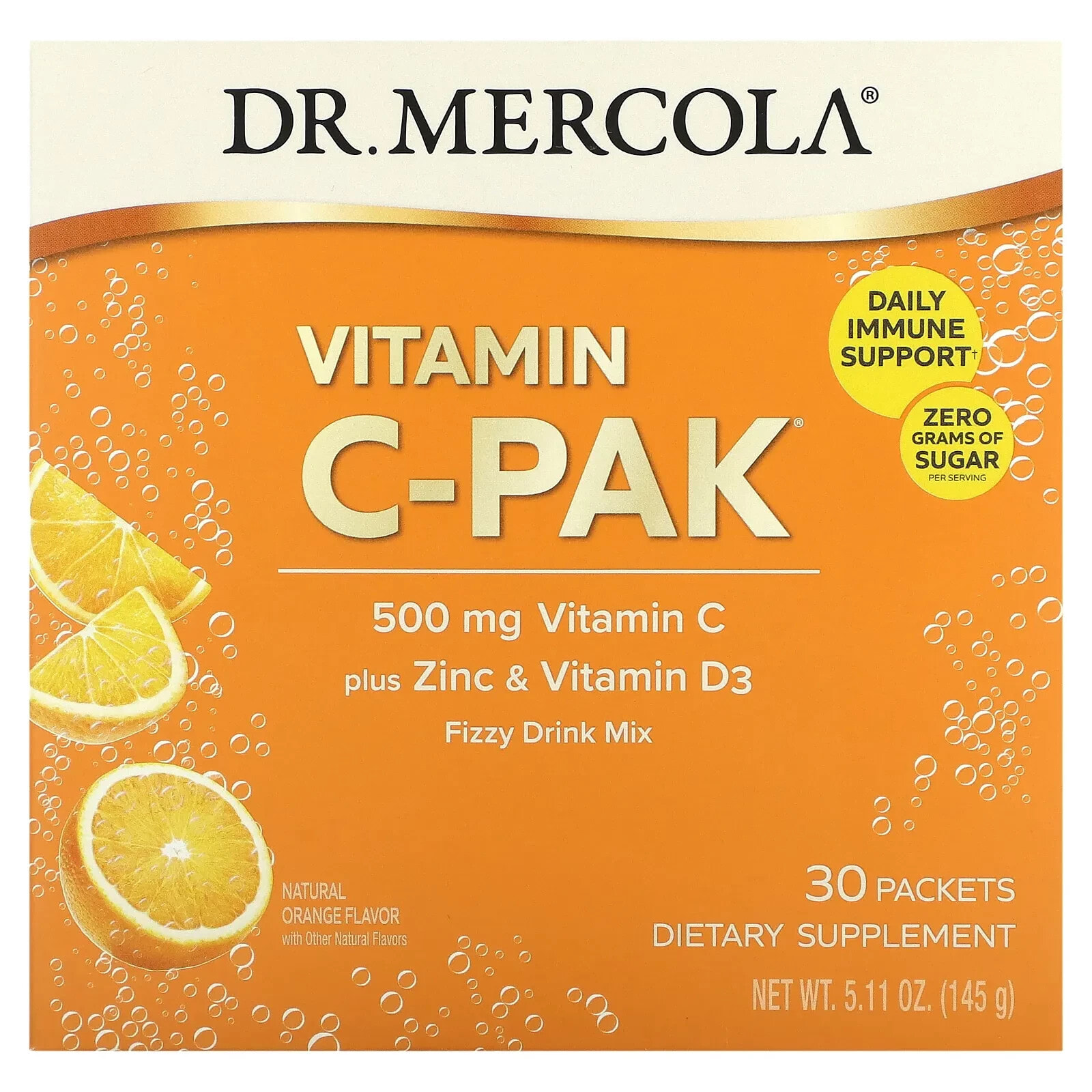 Dr. Mercola, Витамин C-PAK, натуральный апельсин, 500 мг, 30 пакетиков по 4,84 г (0,17 унции)