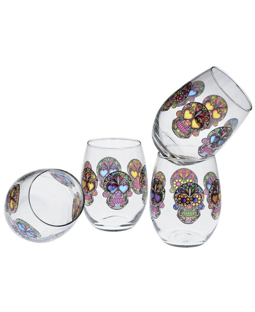 Culver sugar Skull Stemless Wine Glass 15-Ounce Set of 4