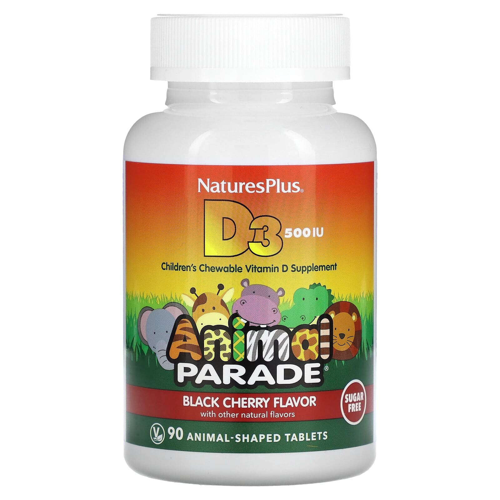 Натурес Плюс, Source of Life, Animal Parade, витамин D3, без сахара, с натуральным вкусом черешни, 12,5 мкг (500 МЕ), 90 таблеток в форме животных