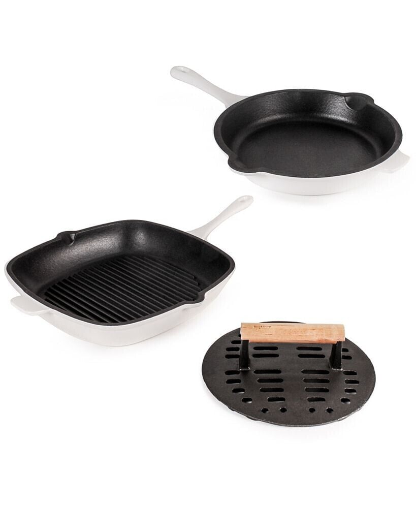 BergHOFF neo Cast Iron Fry Pan, Grill Pan and Slotted Steak Press, Set of 3