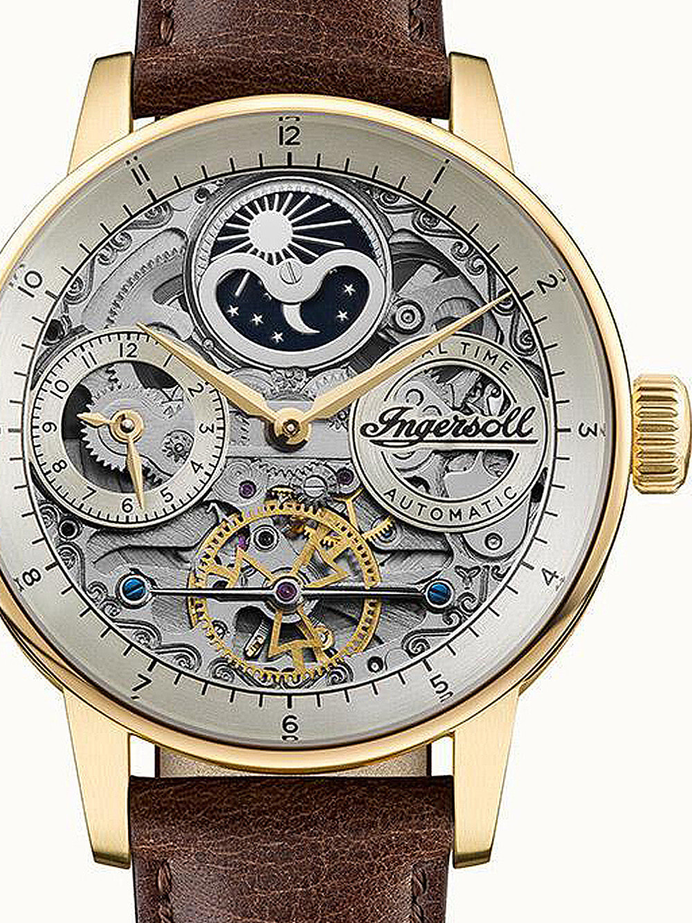 Мужские наручные часы с кожаным коричневым ремешком Ingersoll I07704 The Jazz automatic 42mm 5ATM