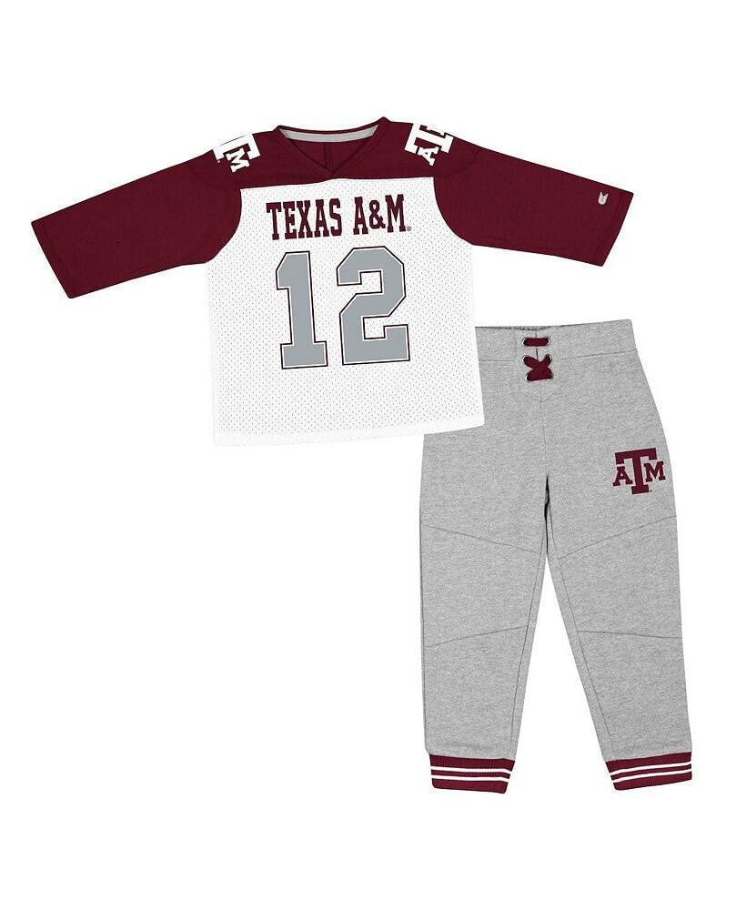 Colosseum toddler Boys and Girls Maroon, Heather Gray Texas AandM Aggies Jingtinglers Football V-Neck Jersey T-shirt and Pants Set