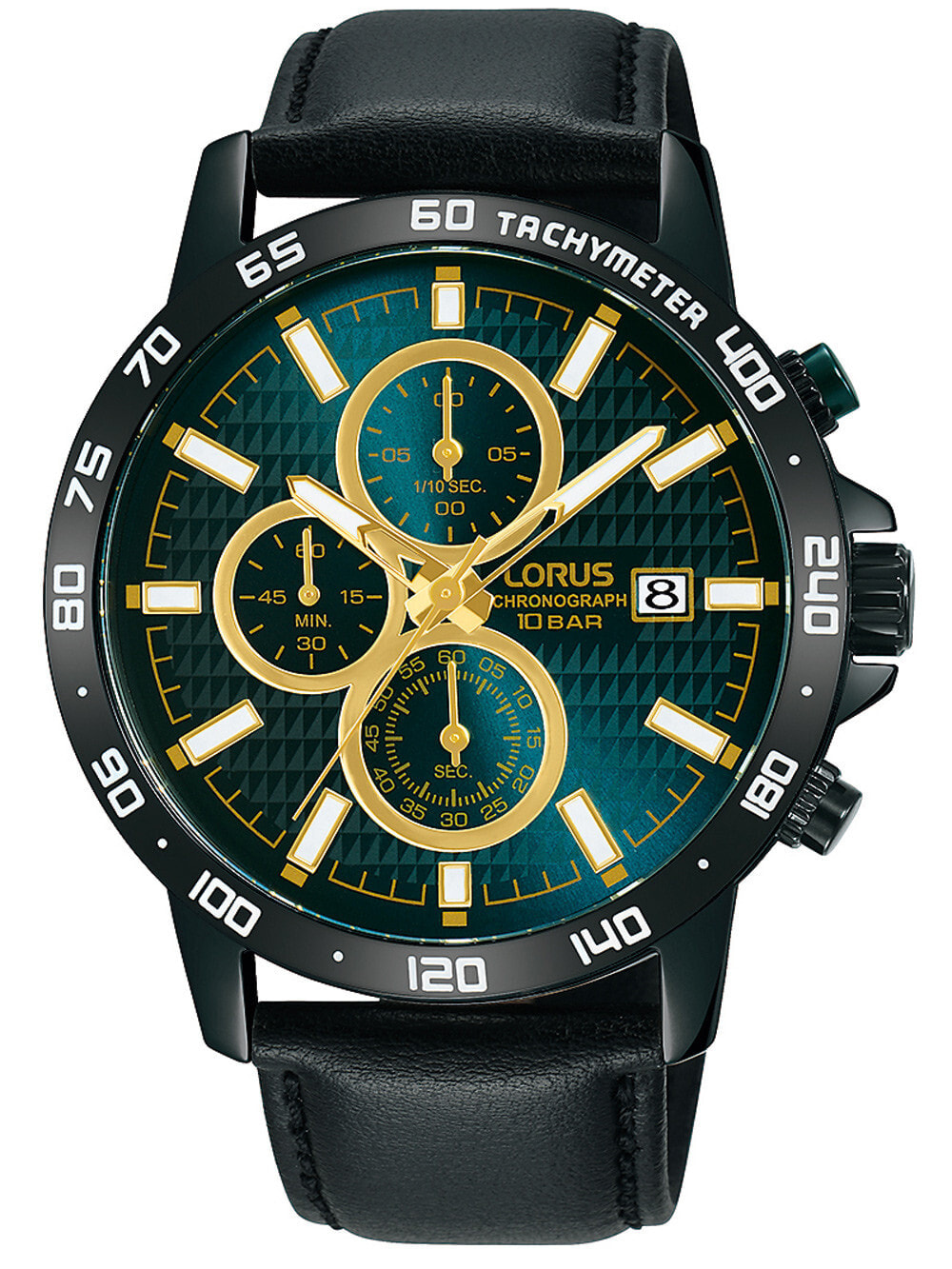 Мужские наручные часы с черным кожаным ремешком Lorus RM319GX9 classic chronograph 43mm 10ATM