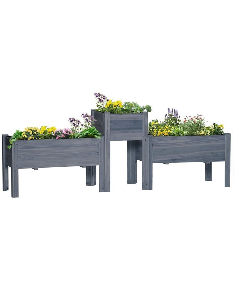 Outsunny raised Garden Bed Set of 3, Elevated Wood Planter Box with Legs and Bed Liner for Backyard and Patio to Grow Vegetables, Herbs, and Flowers, Gray