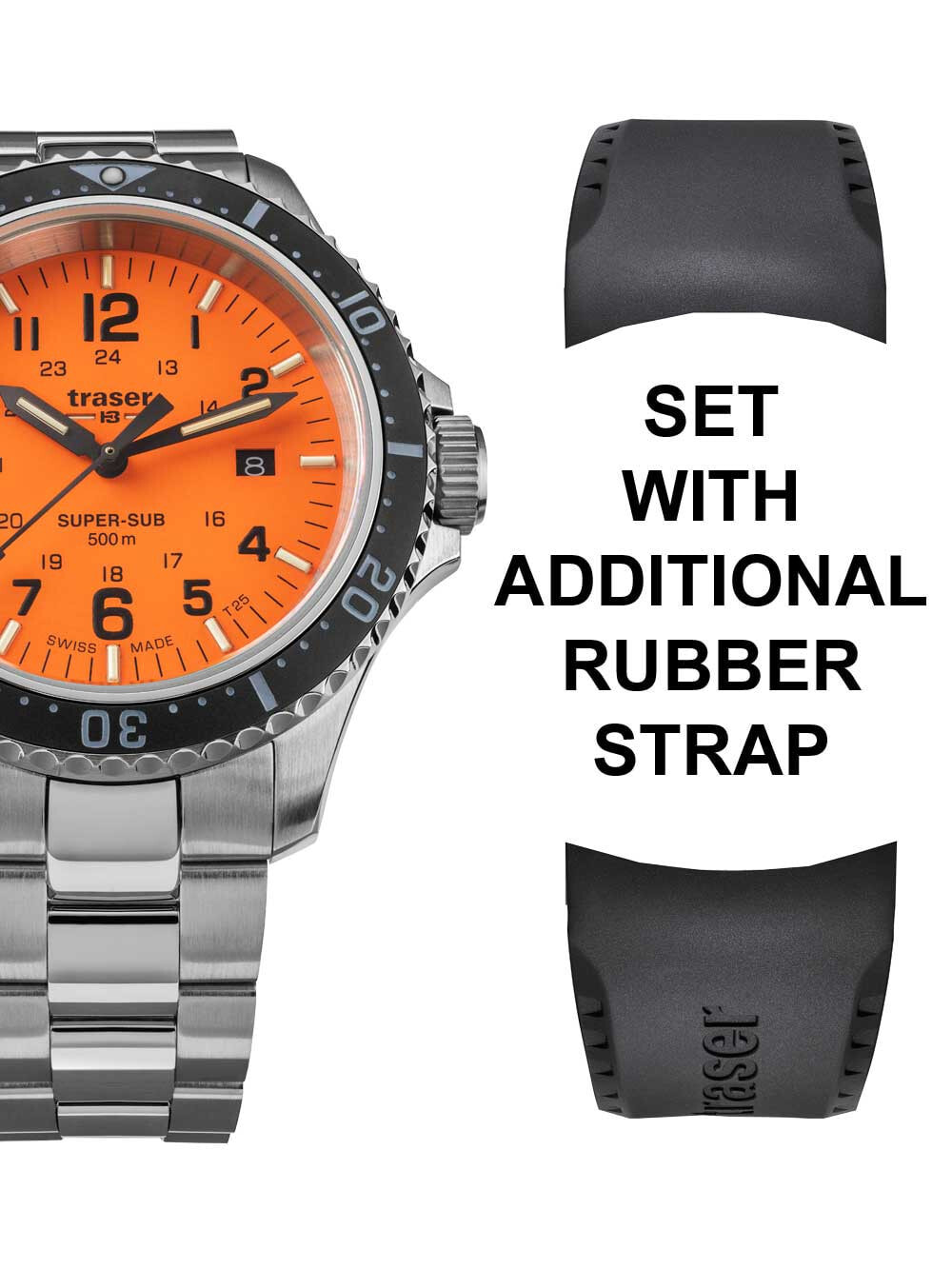 Мужские наручные часы с серебряным браслетом и запасным черным кожаным ремешком Traser H3 109379 P67 T25 SuperSub set orange 46 mm diver 50ATM